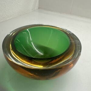 Vtg MCM MURANO Art Glass Green SOMMERSO Bowl Dish Ashtray Sliced Top 1960’s